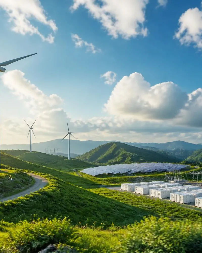 Farma fotowoltaiczna, turbiny wiatrowe i magazyn energii